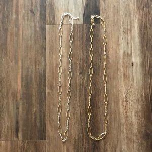 Long asymmetrical gold and silver necklaces
